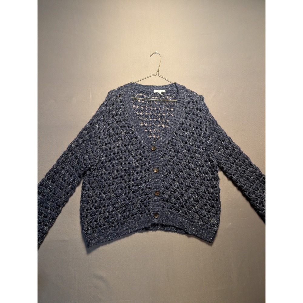 Maurices Cardigan Sweater Womens XL Navy Blue Metallic Open Knit Ribbed Trims